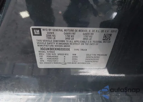 2017 Chevrolet Silverado 1500 2Lz из США, поврежденный, VIN 3GCUKSECXHG333338